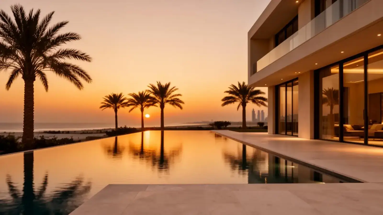 Luxury Dubai villa with infinity pool at twilight