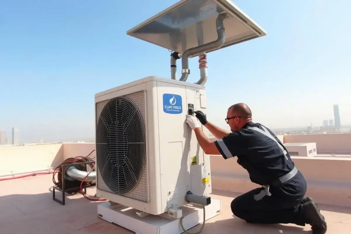 HVAC and AC services on a Dubai rooftop split unit by INFRAMEX Projects